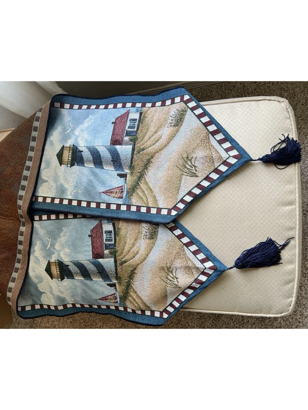 Lighthouse Tapestry Table Runner With Tassels 13x72 Beach House Theme Nautical